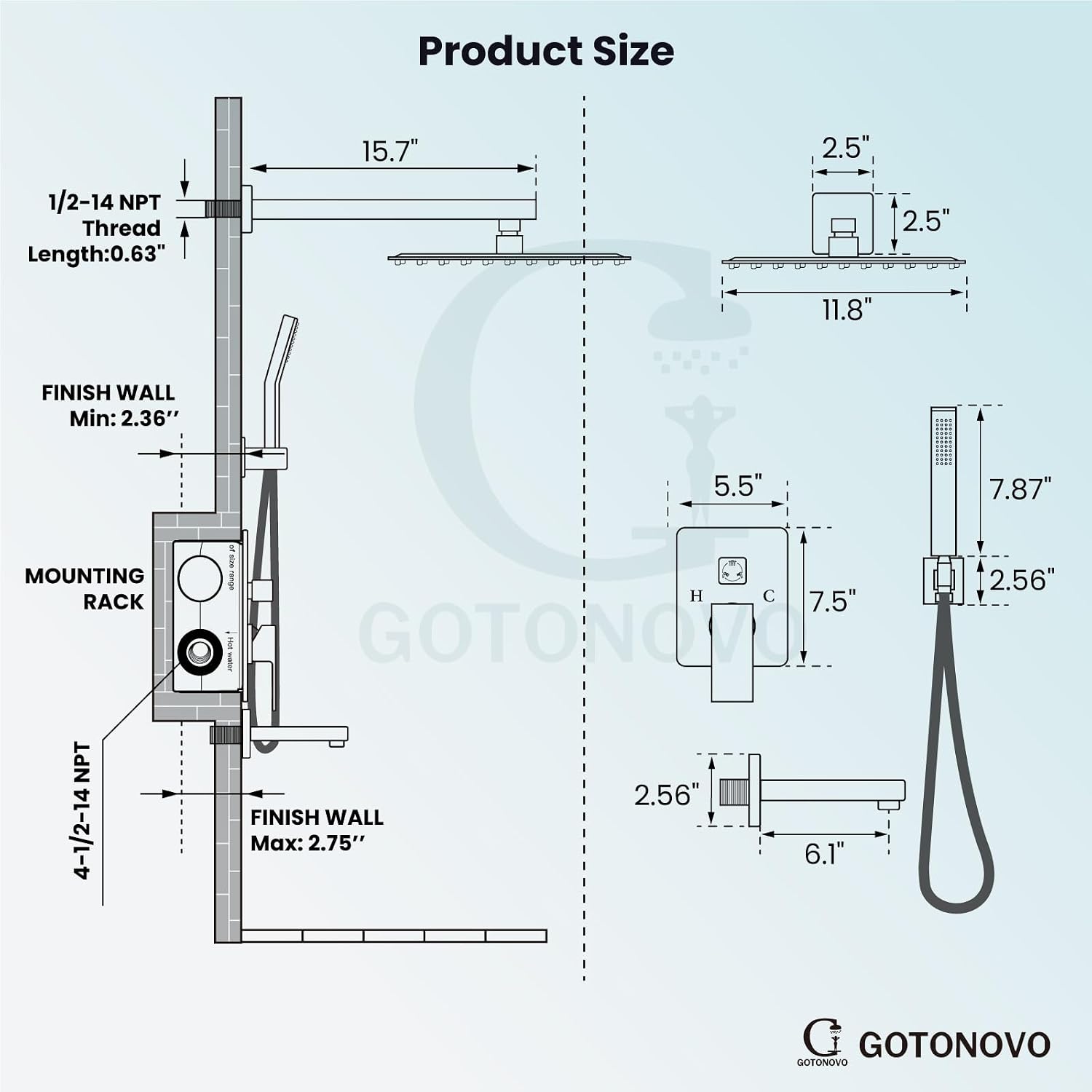 gotonovo Shower System with Tub Spout Wall Mounted Rain Shower Head and Handle Combo Shower Faucet Set with Valve, 12 Inch, Matte Black