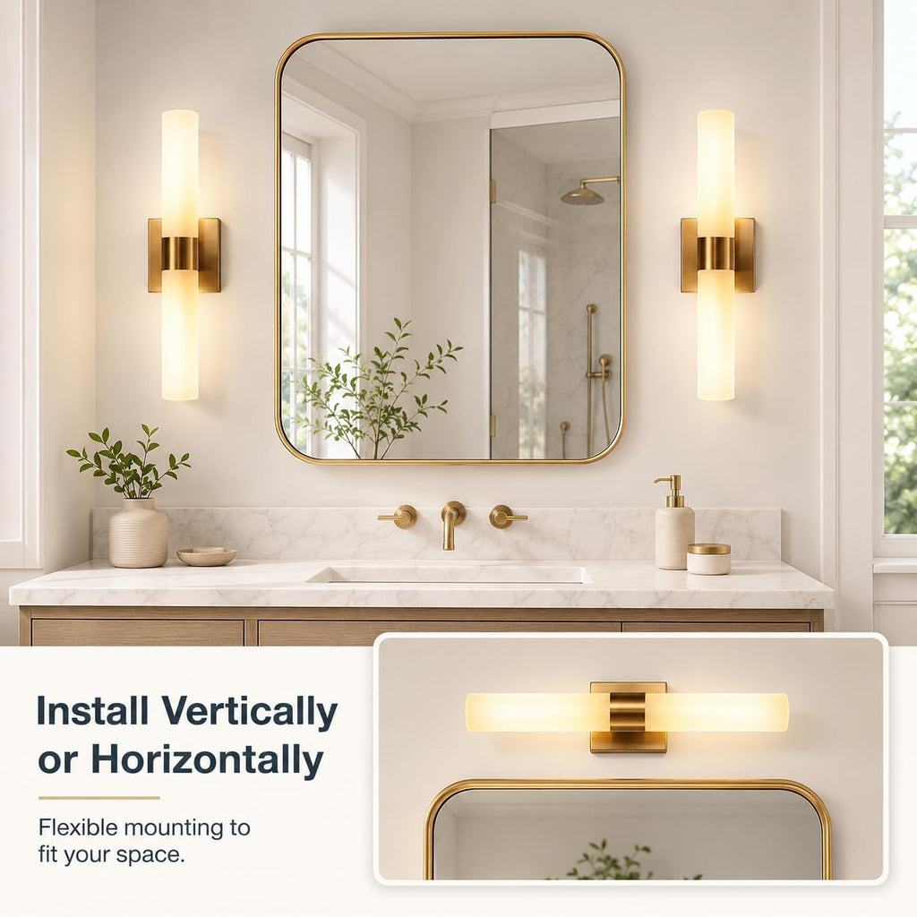 DORESshop Wall Sconce Set of 2, Modern Vanity Lights with Frosted Glass Shade, Sconces Wall Decor Set of 2 for Bathrooms Living Room Stairs Bedroom, Gold, 17.7in