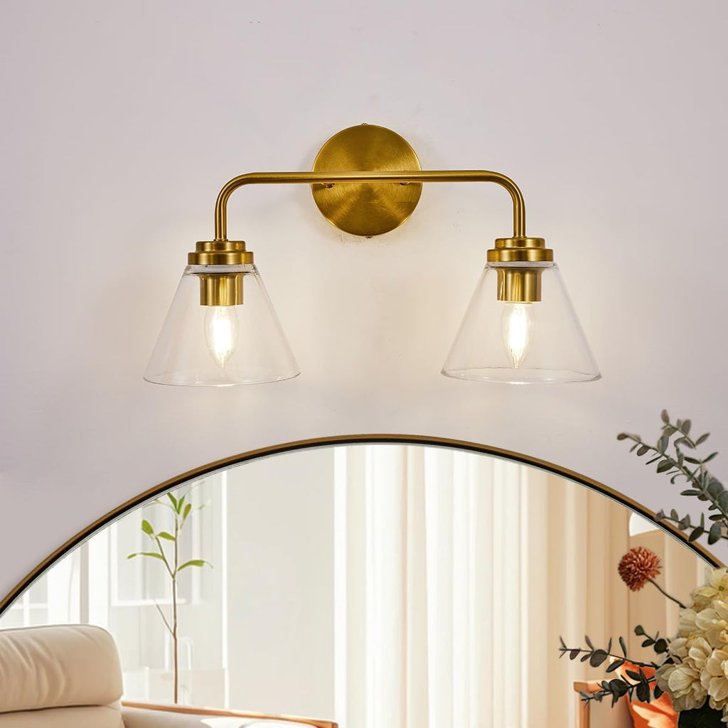 ANDY STAR Vanity Lights for Bathroom 2 Light - Brushed Gold Bathroom Light Fixtures with Clear Cone-Shaped Glass, Brass Modern Geometric Design Wall Lights for Hallway, Bedroom, E26 Base (No Bulbs)