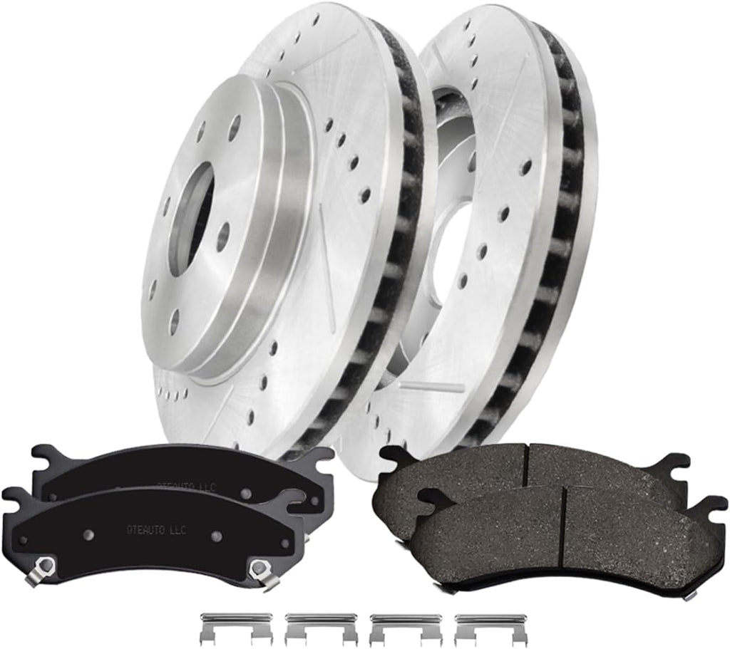 PM Auto Set of 6 Front 304.8mm Drilled Slotted Disc Brake Rotors-Ceramic Brake Pad kit Replacement For 2004 2005 Chevy Express 2500