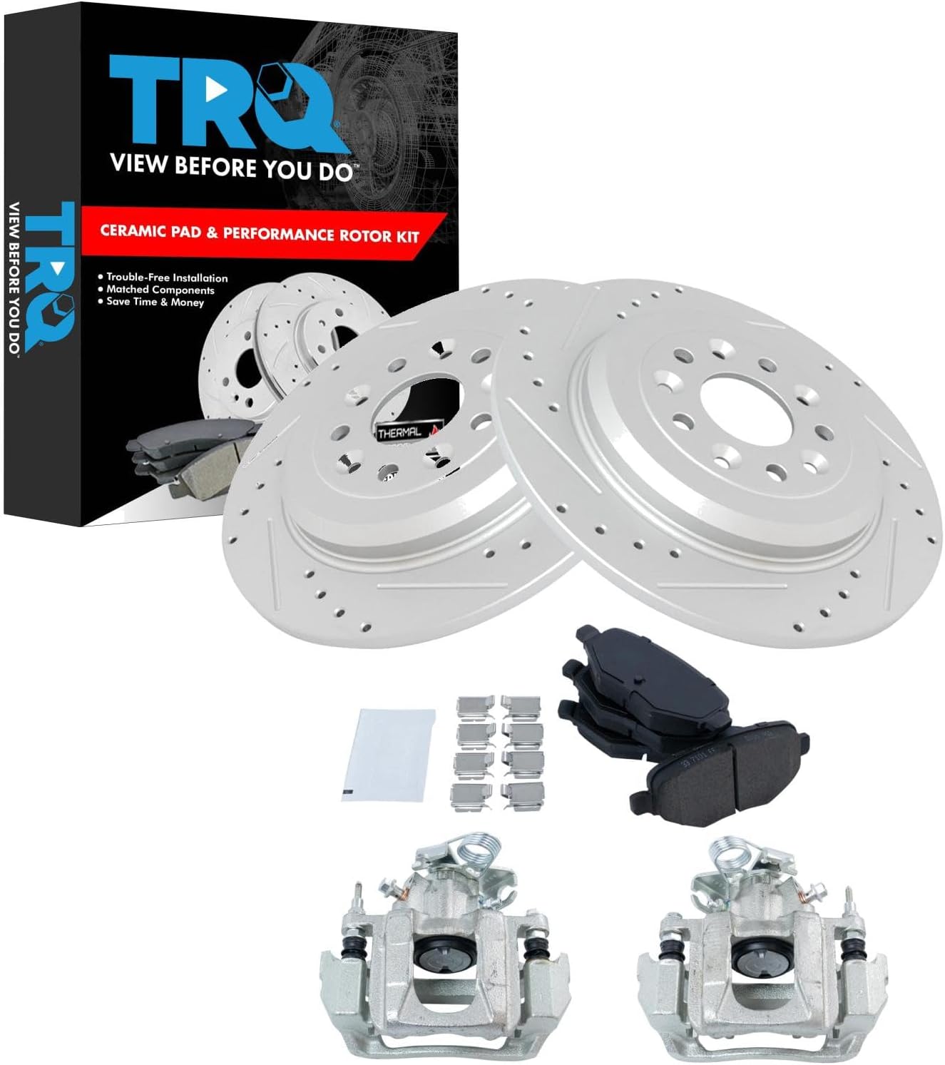 TRQ Performance Rear Brake Pad and Rotor Set Ceramic Coated Drilled Slotted Solid Rotors Calipers Compatible with 2011-2014 Ford Edge 2011-2015 Lincoln MKX
