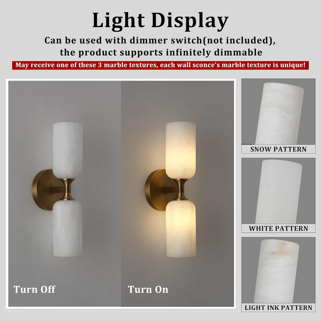 Alabaster Wall Sconce Set of 2, 14in Modern Brass Spanish Natural Marble Bathroom Vanity Sconces, Indoor Gold Wall Lighting Fixtures Decor for Bedroom Living Room Staircases