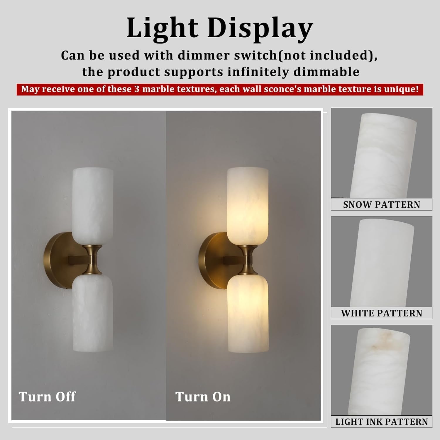 Alabaster Wall Sconce Set of 2, 14in Modern Brass Spanish Natural Marble Bathroom Vanity Sconces, Indoor Gold Wall Lighting Fixtures Decor for Bedroom Living Room Staircases