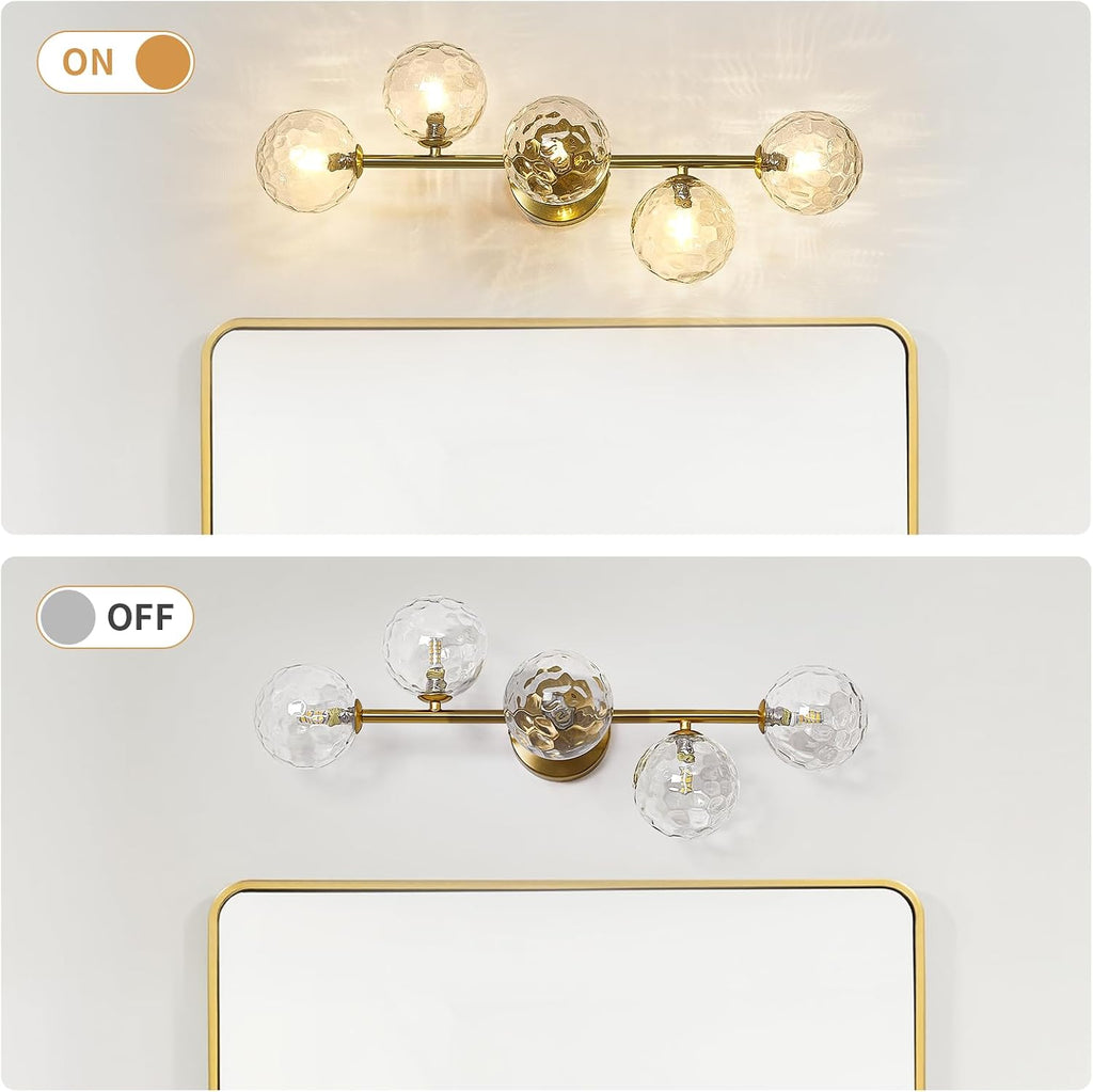 Gold Bathroom Vanity Light Fixtures: Modern Bath 5 Lights Brushed Golden Brass Wall Sconce - Vanity Light with Hammered Clear Globe Bubble Glass Shade - Midcentury Bathroom Lights Over Mirror G9 Base