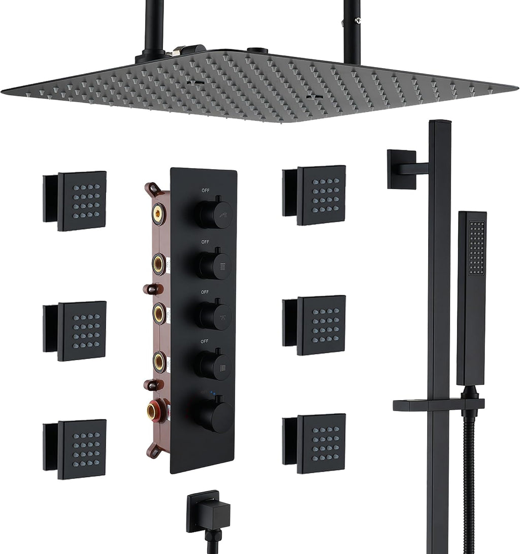 MONDAWE 16 Inch Thermostatic Shower System in Matte Black, Ceiling Mounted Rain and Mist Shower Head with Handheld Spray and 6 Body Jets, High Pressure Bathroom Shower Faucet Set, Solid Brass Valve