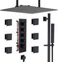 MONDAWE 16 Inch Thermostatic Shower System in Matte Black, Ceiling Mounted Rain and Mist Shower Head with Handheld Spray and 6 Body Jets, High Pressure Bathroom Shower Faucet Set, Solid Brass Valve