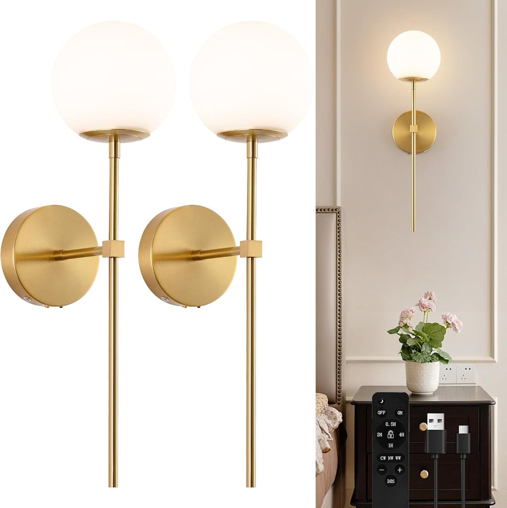 Battery Operated wall Sconce Set of 2 Glass Globe 3000K~6000K Rechargeable Gold Wall Light Fixture Wireless Wall Lights with Clear Glass Shade for Living Room, Hallway, Bedroom(2 Pack)