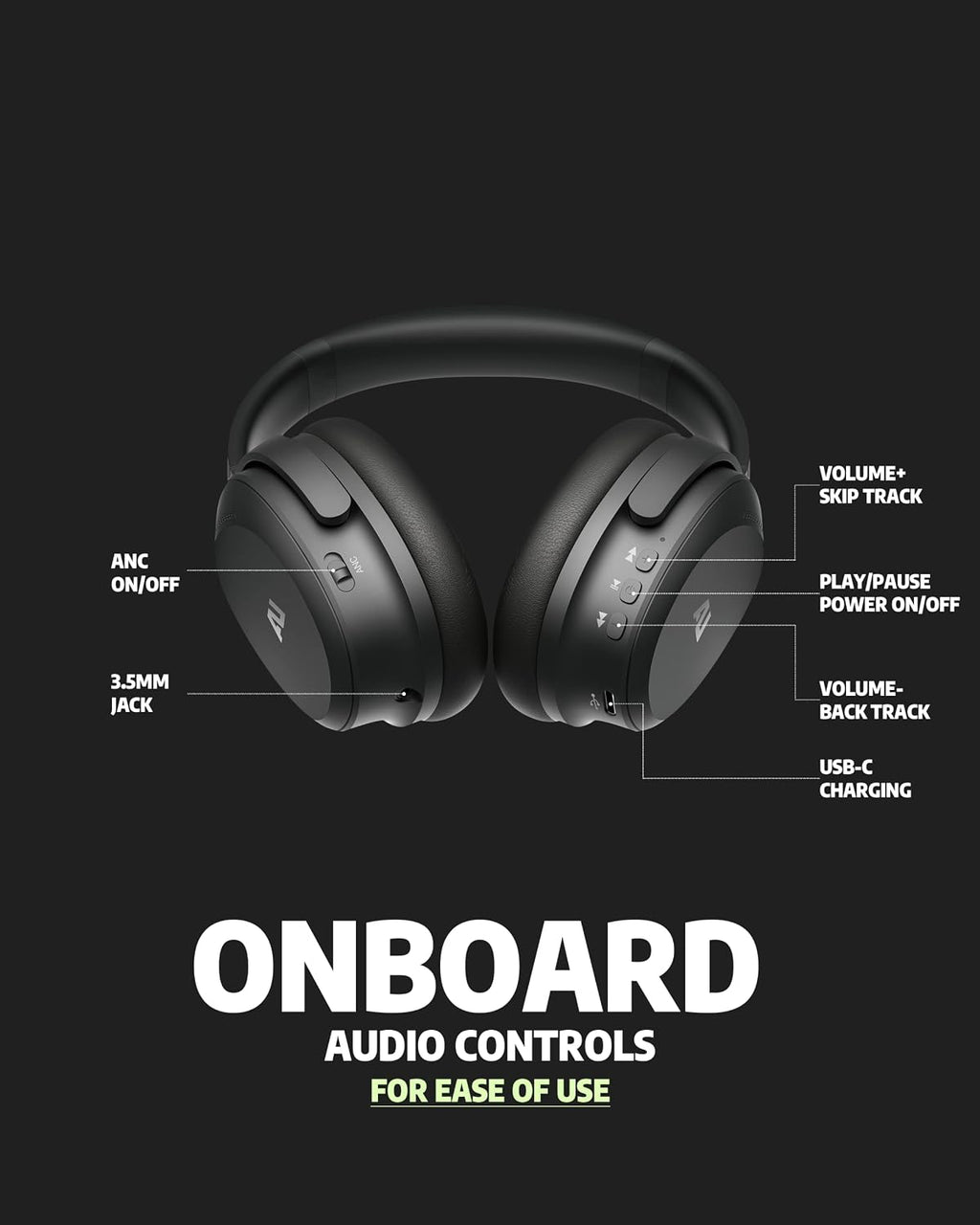 ausounds Wireless Bluetooth Headphones with Hybrid Active Noise Cancelling, Over-Ear Headset, aptX HD Supported, Bi-Fold, Protein Earmuffs, Deep Bass, Build-in Mics, 30 Hours Playtime (AU-XT, Black)