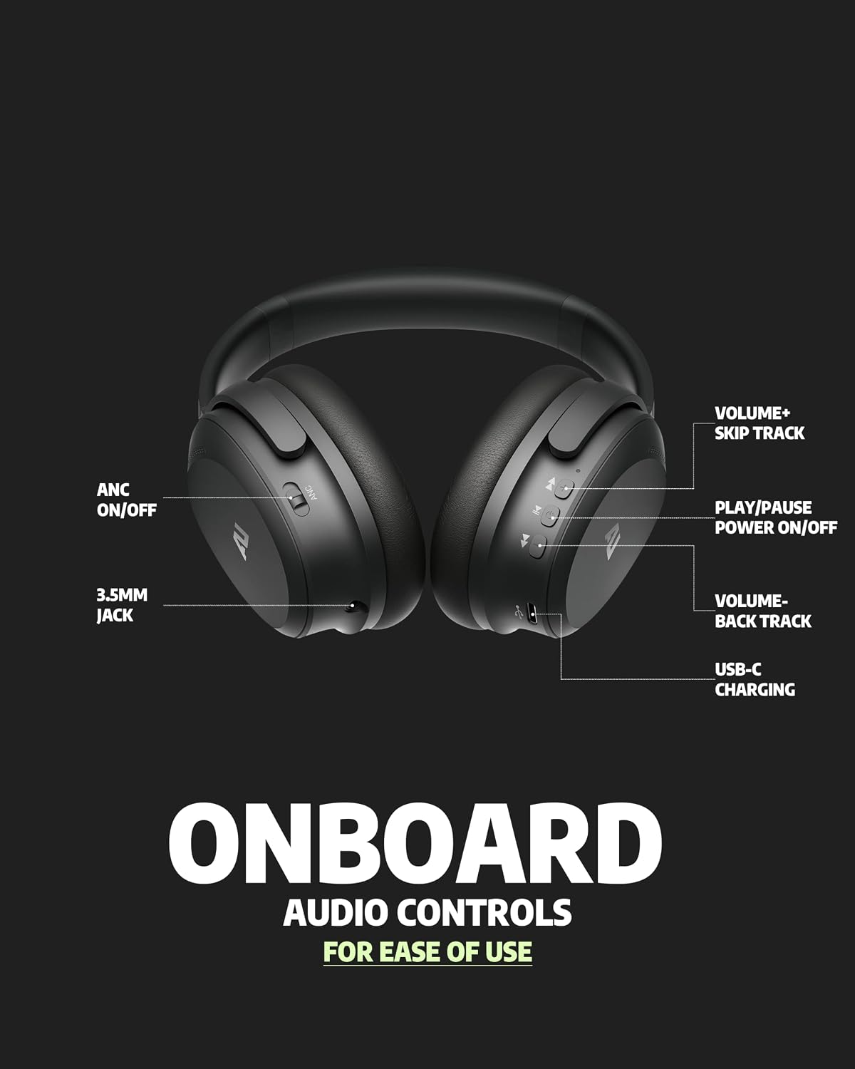 ausounds Wireless Bluetooth Headphones with Hybrid Active Noise Cancelling, Over-Ear Headset, aptX HD Supported, Bi-Fold, Protein Earmuffs, Deep Bass, Build-in Mics, 30 Hours Playtime (AU-XT, Black)