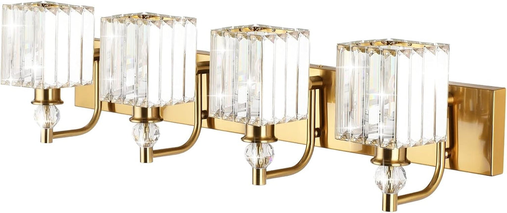 Ralbay Crystal Vanity Lights 4-Lights 31.5''Gold Bathroom Lighting Fixtures Over Mirror Modern Crystal Gold Bathroom Vanity Lights