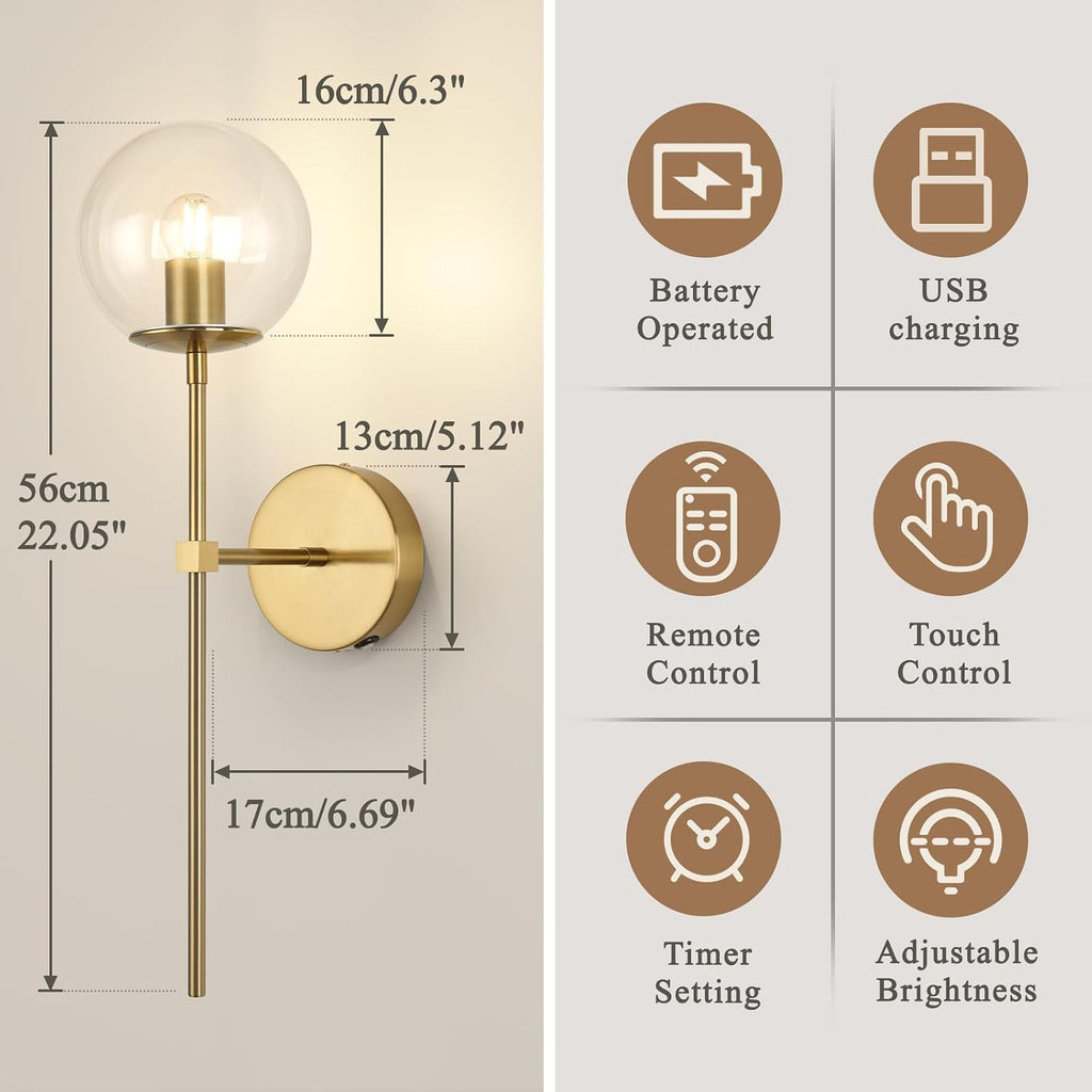Battery Operated wall Sconce Set of 2 Glass Globe 3000~6000K Rechargeable Wall Light Fixture Wireless Wall Lights with Clear Glass Shade for Living Room, Hallway, Bedroom(2 Pack)