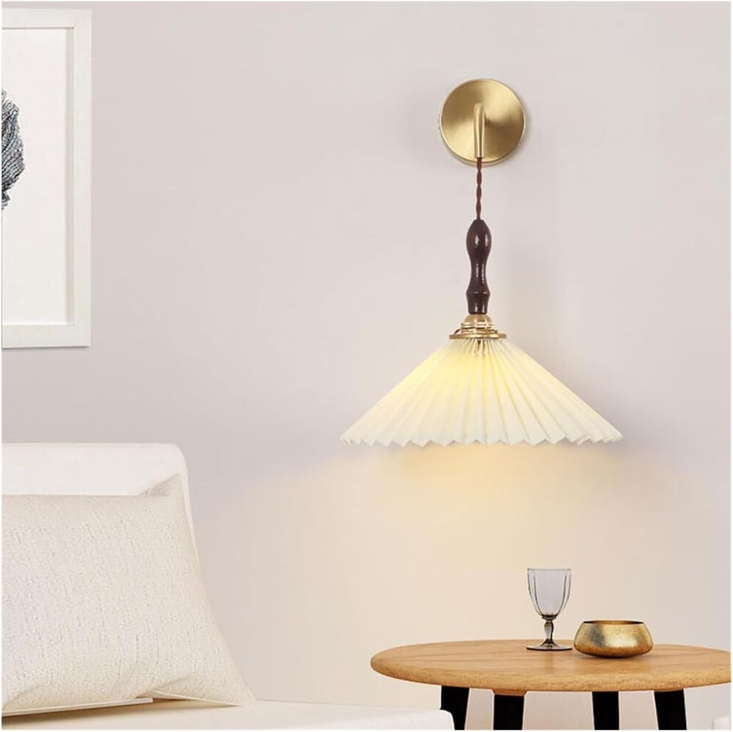 Wall Lamps Sconces Scandinavian Walnut Nightstand Wall Fixture Brass Hallway Accent Light with Pleated Fabric Cover Gold Tone Lamp Indoor Wired Mid-Century Bedroom Mounted Lighting for Bathroom D