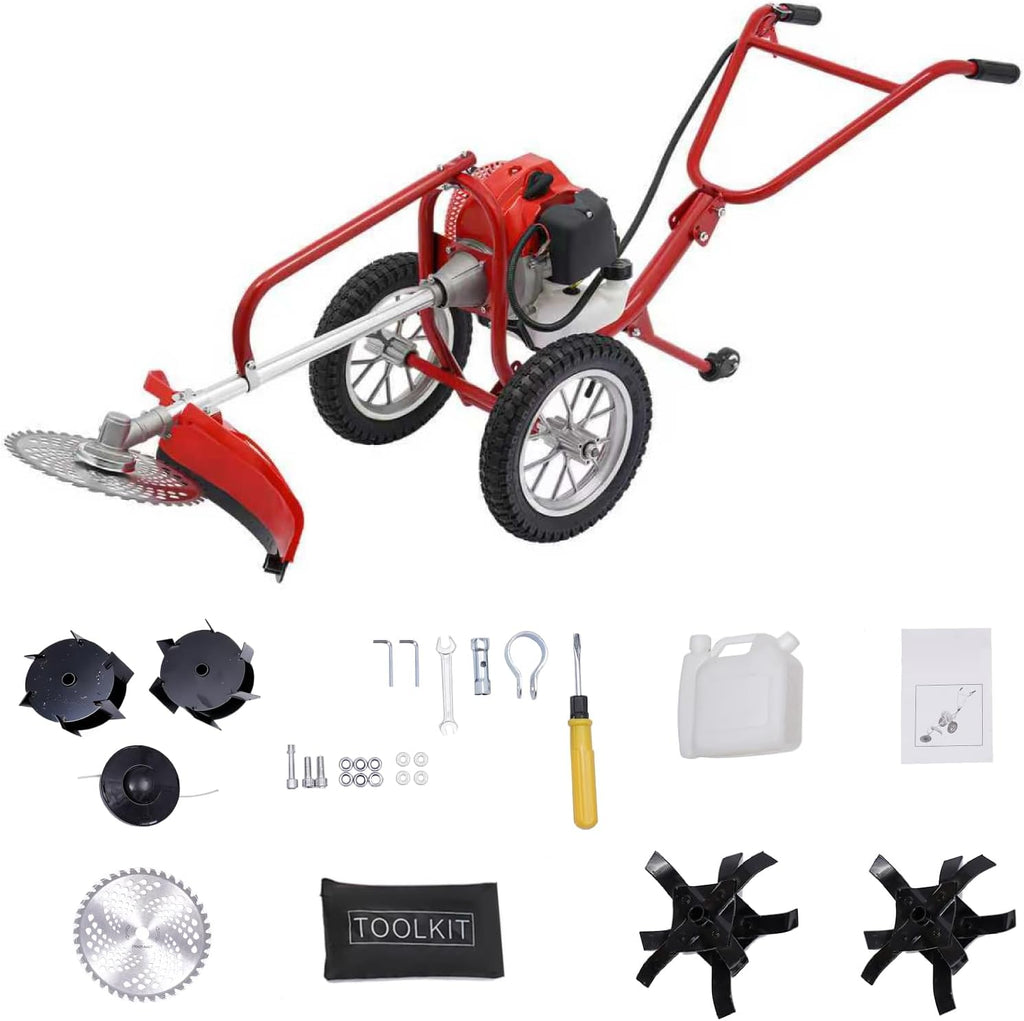 Walk Behind String Trimmer, 1.8KW Hand-Pull 2 Stroke Air-Cooled Single-Cylinder Lawn Mower Gas Powered 49CC 57.1X17.2X27.6 Inch Walk Behind Weed Trimmer for Lawn Garden