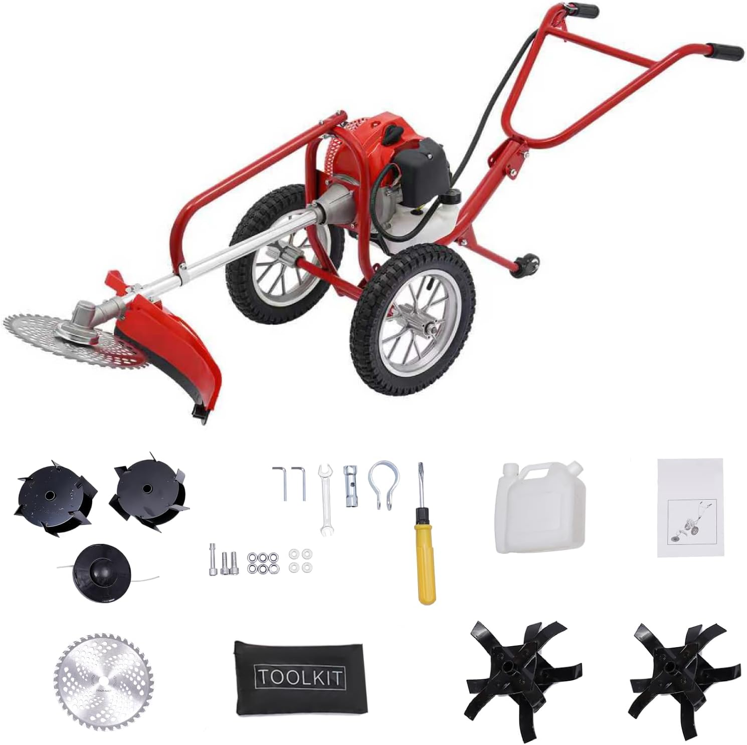 Walk Behind String Trimmer, 1.8KW Hand-Pull 2 Stroke Air-Cooled Single-Cylinder Lawn Mower Gas Powered 49CC 57.1X17.2X27.6 Inch Walk Behind Weed Trimmer for Lawn Garden