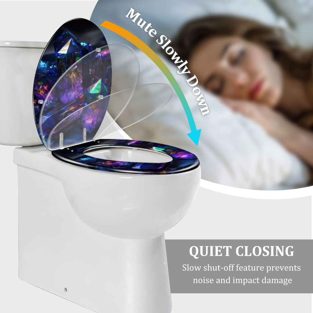 Elongated Toilet Seat Dark Background AYSt Quartz Facets Internal Glow Resin Toilet Seat Quietly Close Quick Release Hinges Decorative Toilet Seat with Cover Easy to Install