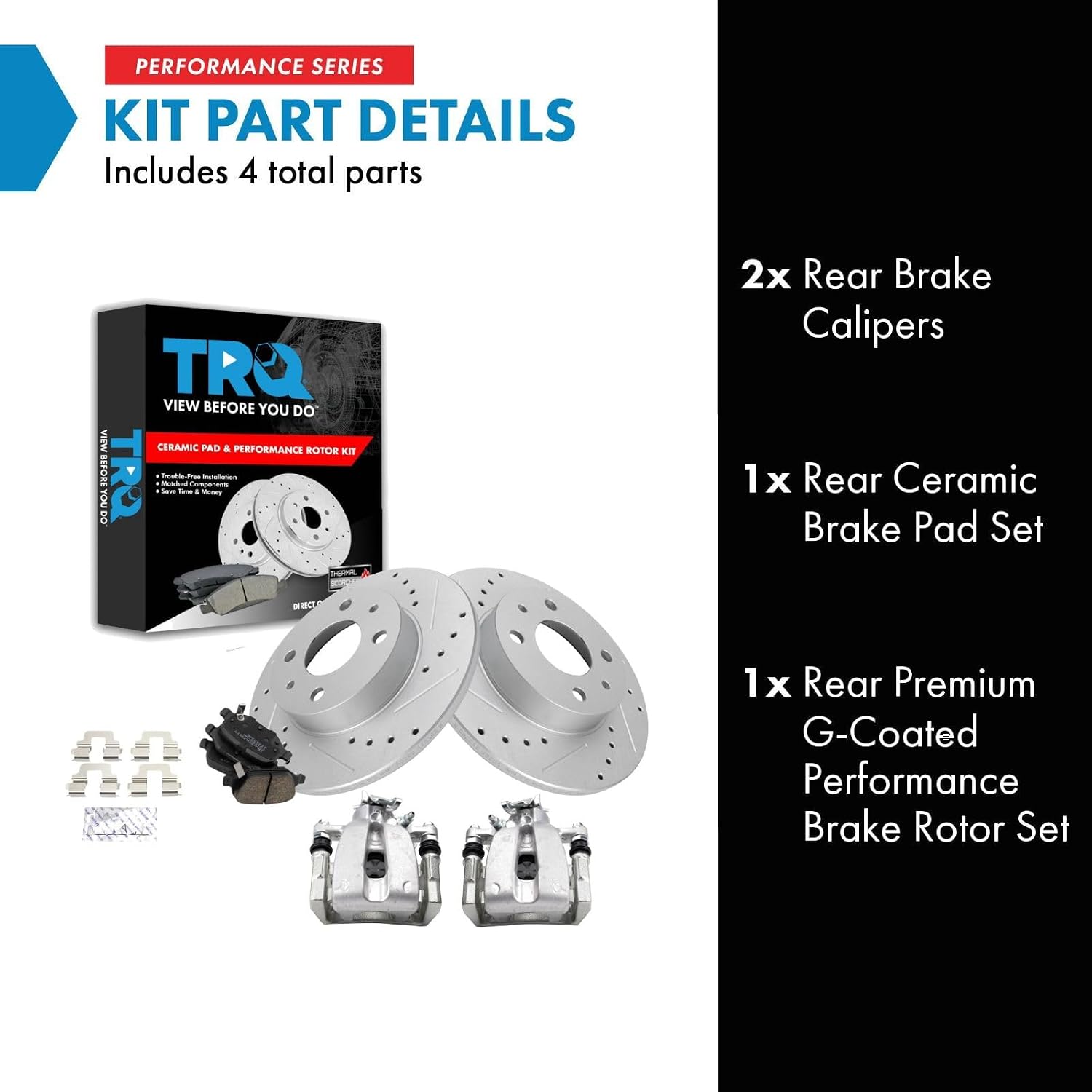 TRQ Performance Rear Brake Pad and Rotor Set Ceramic Solid G Coated Rotors Calipers Compatible with 2012-2017 2019 Fiat 500