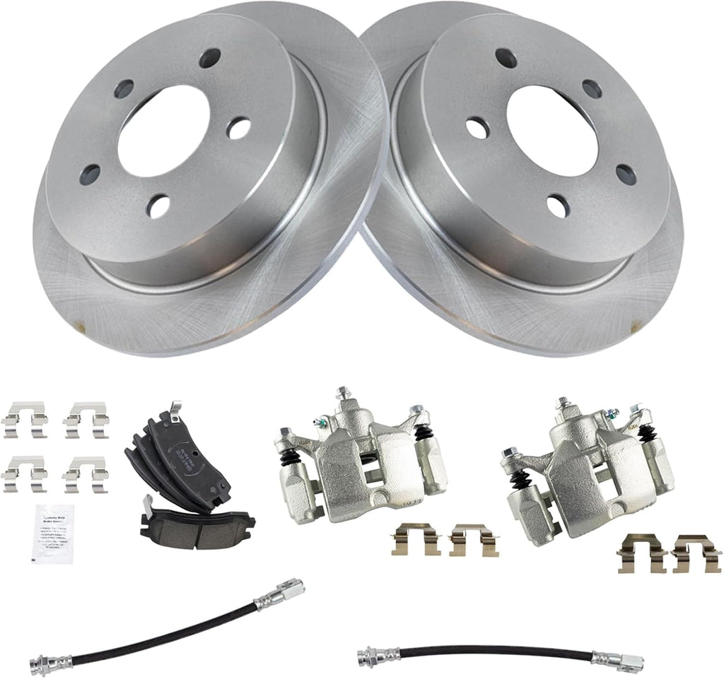 TRQ Rear Brake Pad and Rotor Set Ceramic Rotors Calipers Hoses Compatible with 2000-2005 Chevrolet Impala Monte Carlo 1999-2004 Buick Regal 1999-2002 Oldsmobile Intrigue 1999-2003 Pontiac Grand Prix