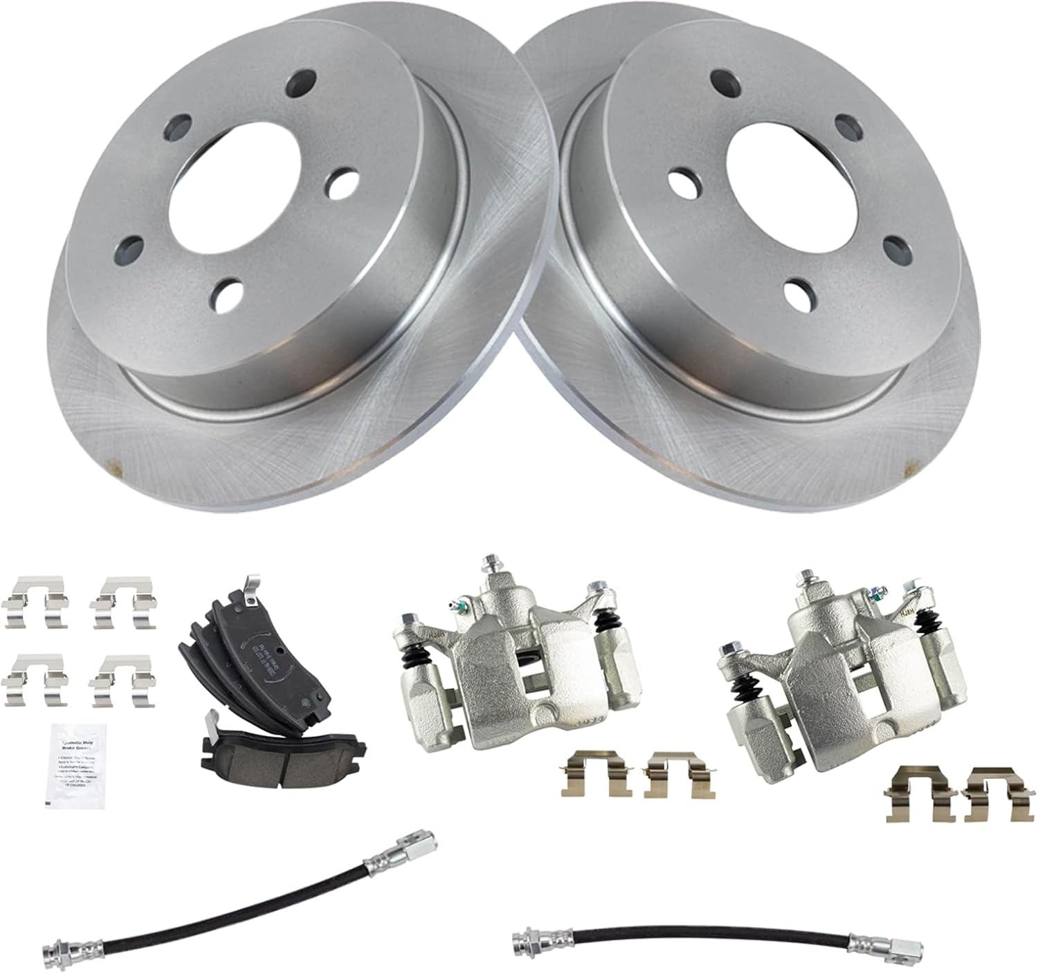 TRQ Rear Brake Pad and Rotor Set Ceramic Rotors Calipers Hoses Compatible with 2000-2005 Chevrolet Impala Monte Carlo 1999-2004 Buick Regal 1999-2002 Oldsmobile Intrigue 1999-2003 Pontiac Grand Prix