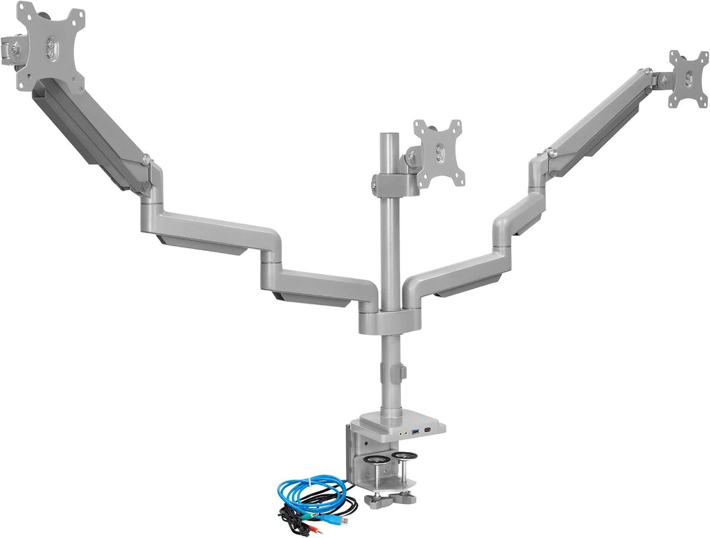 Mount-It! Triple Monitor Mount with Gas Spring Arms, Fits 24–32 Inch Screens, USB & Audio Ports, Full Motion Desk Stand with Tilt, Swivel & Rotation, Heavy Duty Silver 3 Screen Arm with Clamp