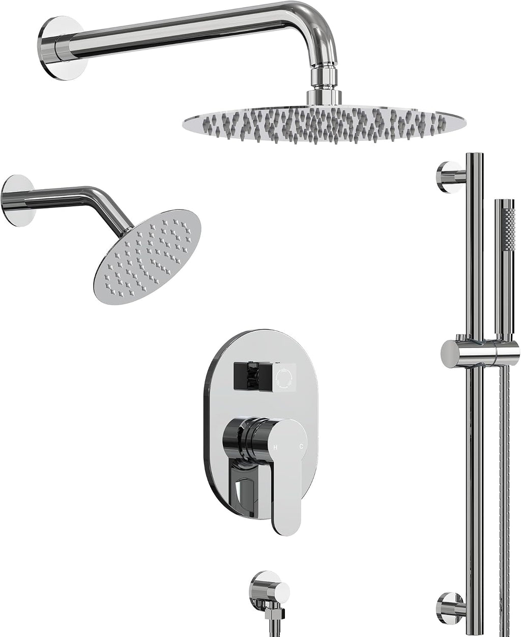 Wall Mount 10' High-Pressure Rainfall Shower Faucet with Slide Bar, Dual Rainfall Shower Head System with Valve (Polished Chrome)