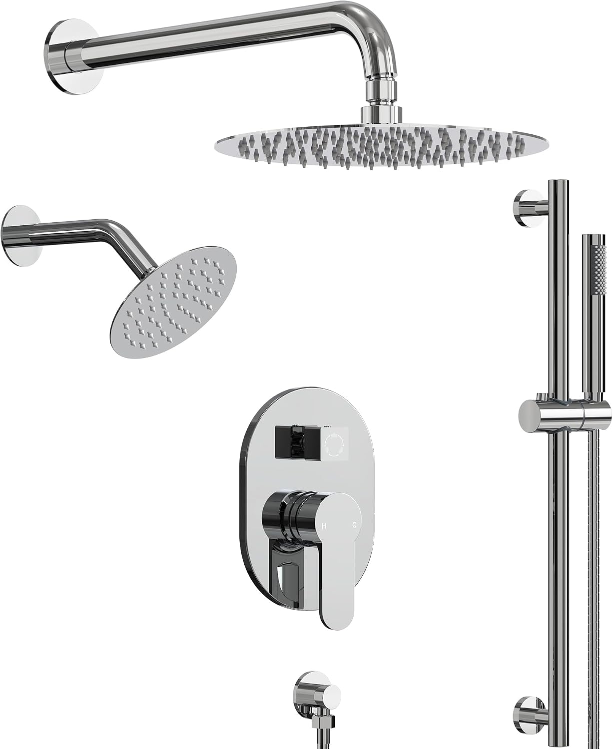 Wall Mount 10' High-Pressure Rainfall Shower Faucet with Slide Bar, Dual Rainfall Shower Head System with Valve (Polished Chrome)