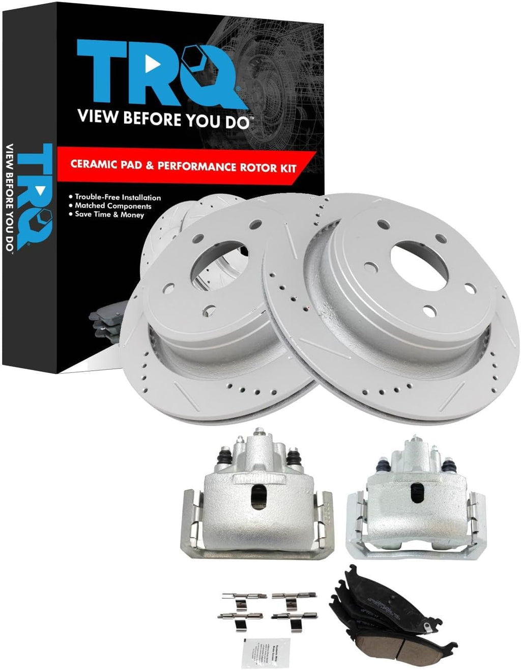 TRQ Rear Brake Pad and Rotor Set Ceramic Drilled Slotted Coated Vented Rotors Calipers Compatible with 2002-2010 Dodge Ram 1500 2005-2009 Durango 2007-2009 Chrysler Aspen 2011-2018 Ram 1500