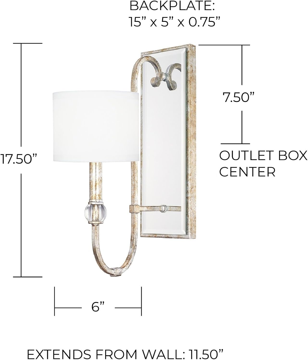Capital Lighting 613311SG-654 Charleston White Fabric with K9 Crystal Rectangular Wall Sconce, 1-Light 60 Watt, 18' H x 6' W, Silver/Gold Leaf