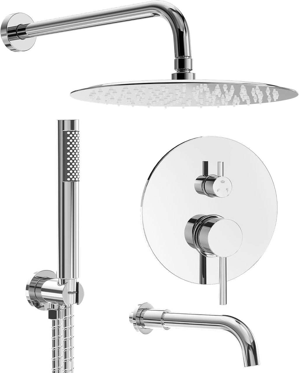 10 Inch Round Shower Faucet Set with Tub Spout, High Pressure Rainfall Shower Head and Handheld Sprayer Combo, Polished Chrome