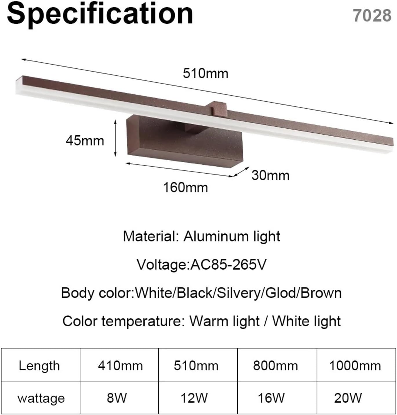 Interior Wall Light 41cm 51cm Waterproof Bathroom Light AC90-260V Wall Lighting Fixture Wall Lamp Inside Black White Silver Gold(Cool White,Silver_8W (41CM))