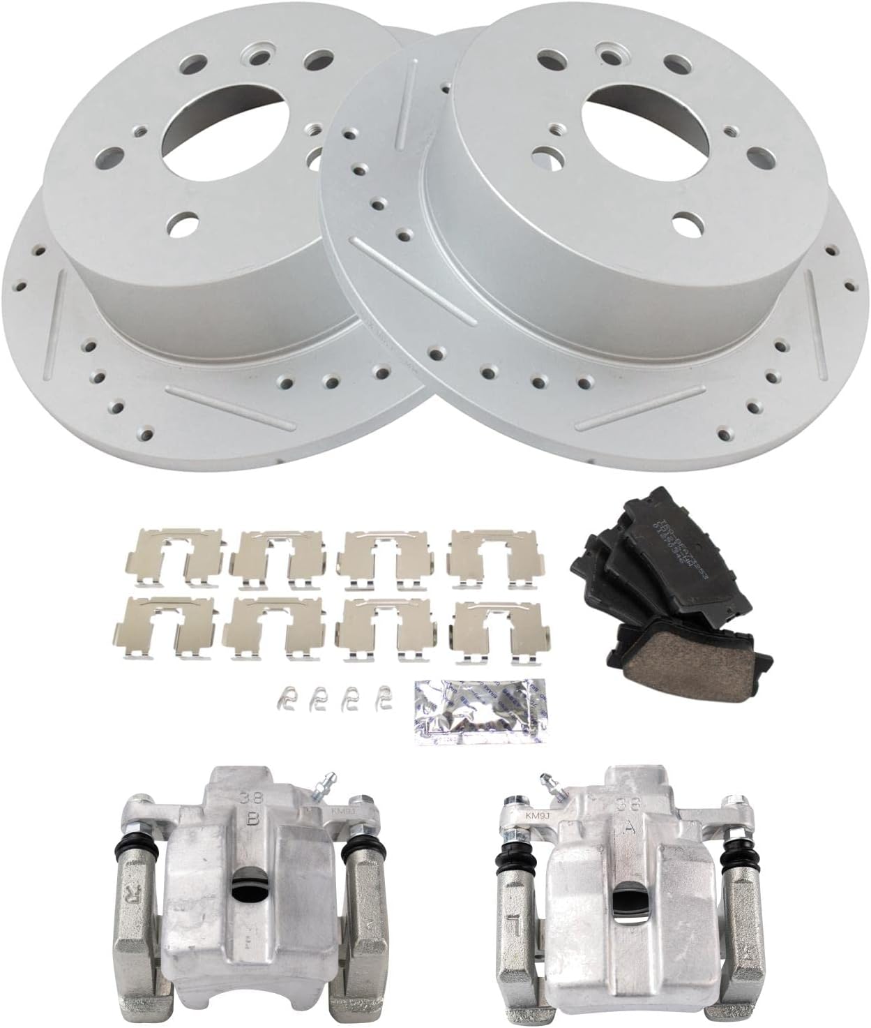TRQ Performance Rear Brake Pad and Rotor Set Ceramic Solid Rotors Calipers Compatible with 2013-2015 Toyota Avalon 2012-2017 Camry