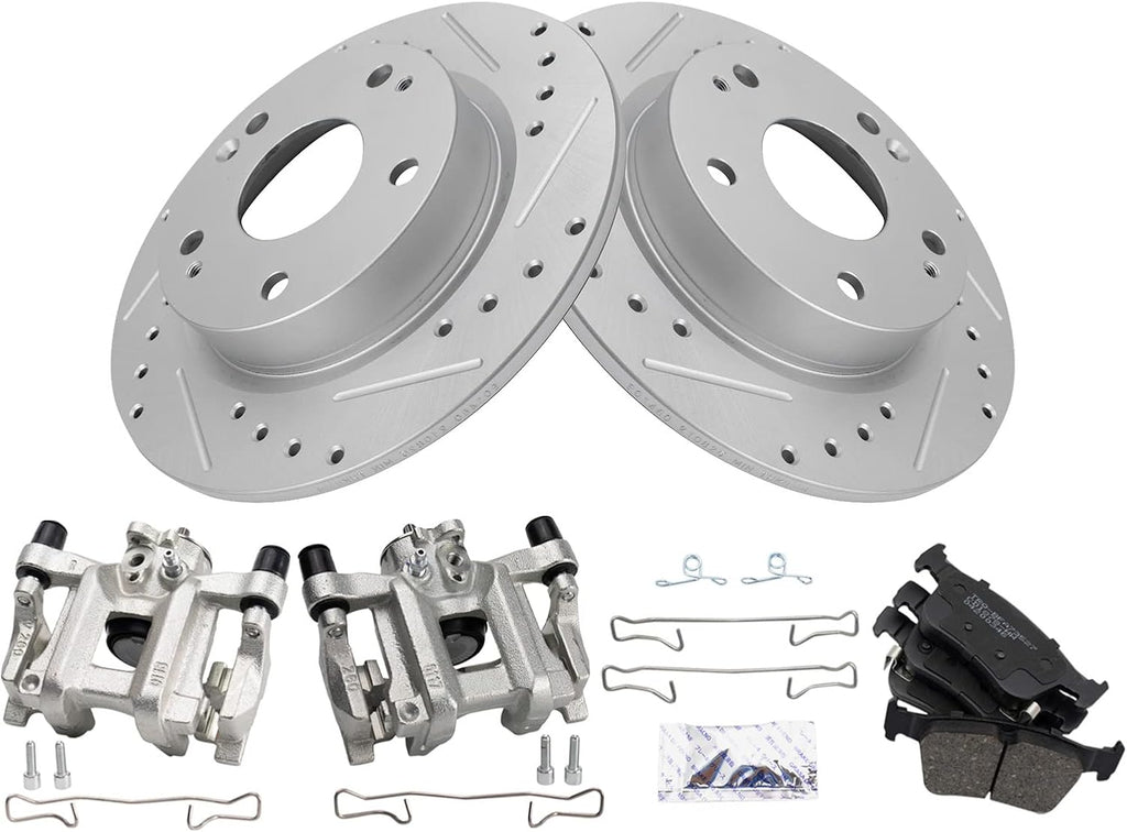 TRQ Performance Rear Brake Pad and Rotor Set Ceramic Solid G Coated Rotors Calipers Compatible with 2016-2019 Honda Civic