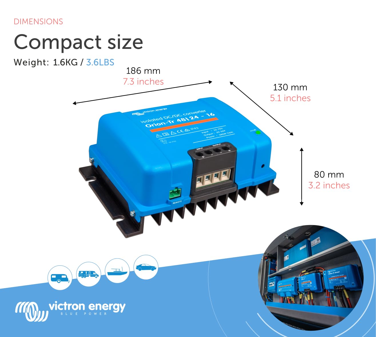 Victron Energy Orion-Tr DC to DC Converter - 48/24-Volt 16 amp 380-Watt - IP43 Protected - for Dual Battery Systems - Isolated