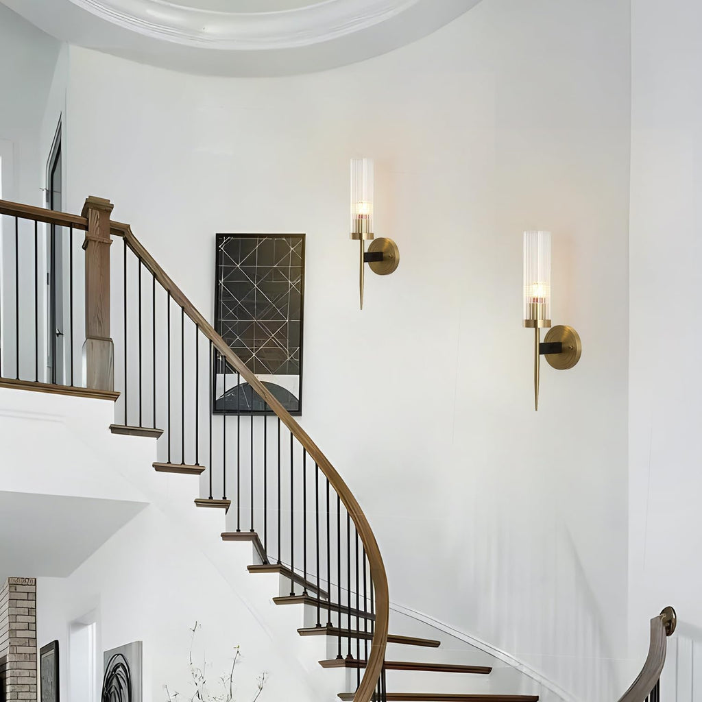 BOKT Modern Cylinder Sconces Wall Lighting Set of Two Mid Century Antique Brass Gold 1-Light Wall Sconce Set of 2 Clear Crystal Glass Wall Sconce Lamp for Bathroom