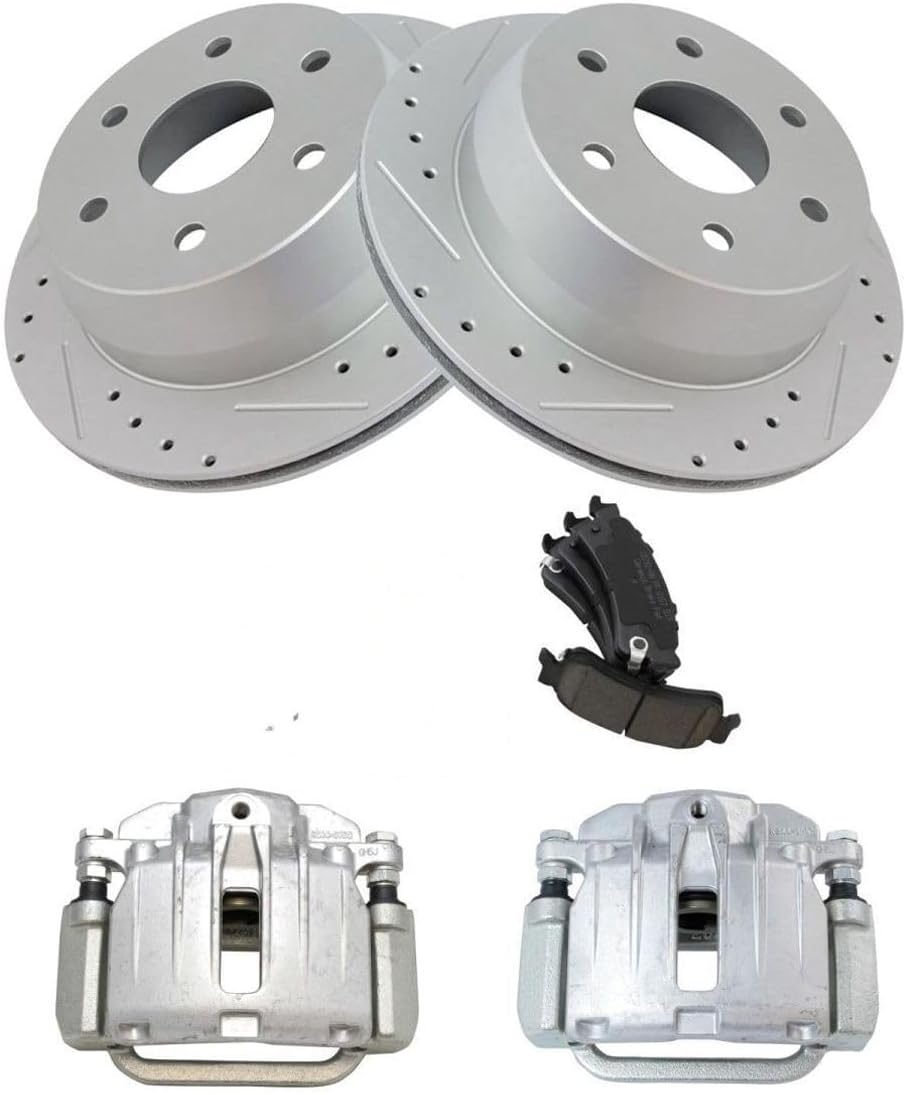 Disc Brake Rotor and Pad Set Kit Rear Side Ceramic Smooth Drilled Slotted Zinc Coated Calipers for Chevy for Silverado 1500 2003-2005,for GMC for Sierra 1500 2003-2006 & Classic 2007