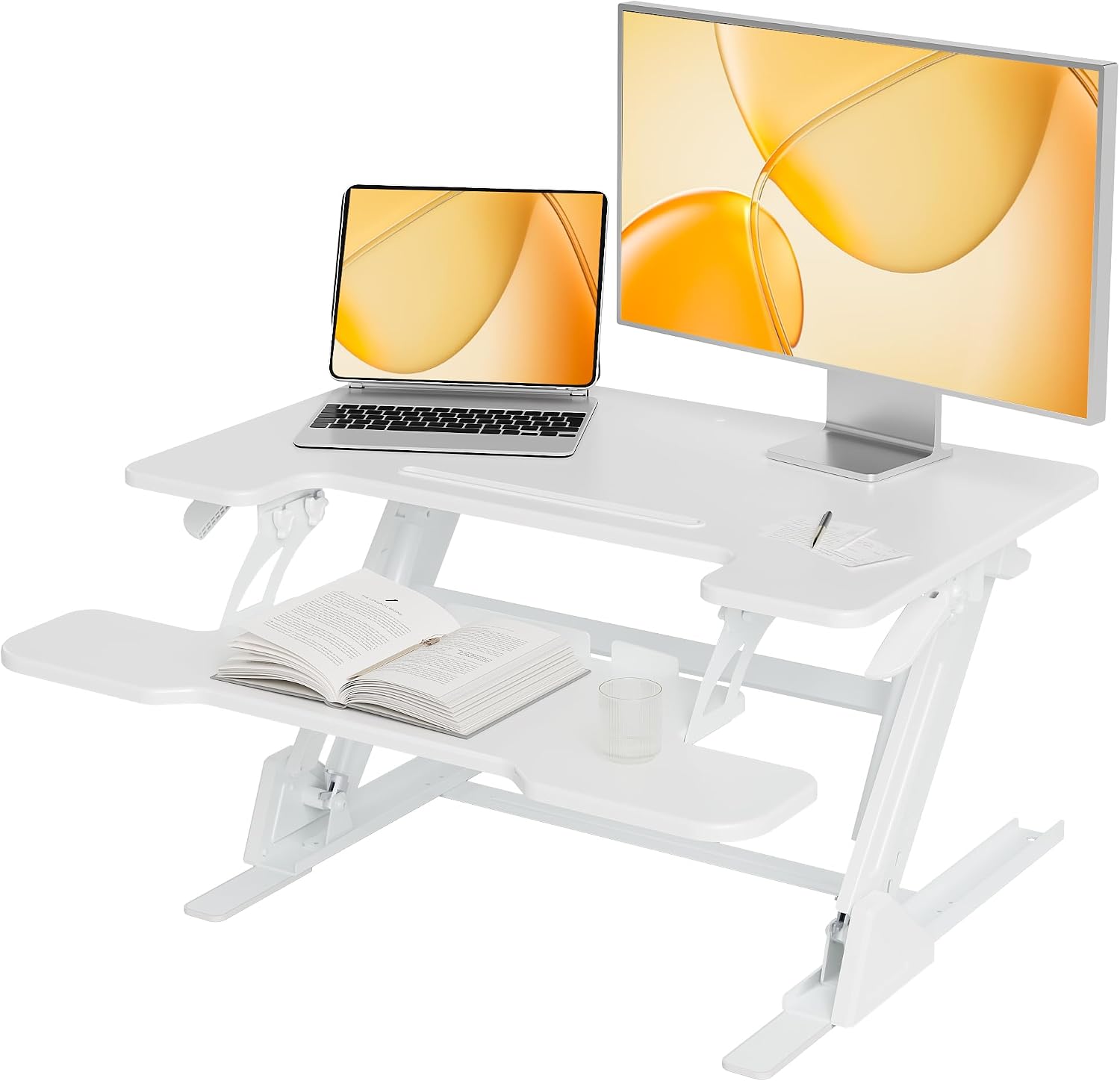 Claiks Standing Desk Converter 32 inch, Height Adjustable Sit Stand Up Desk Riser, Quick Sit to Stand Tabletop Dual Monitor Riser Workstation for Home Office with Keyboard Tray, White