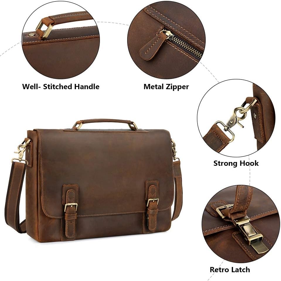 Kattee Men's Leather Satchel Briefcase, 15.6' Laptop Messenger Shoulder Bag Tote