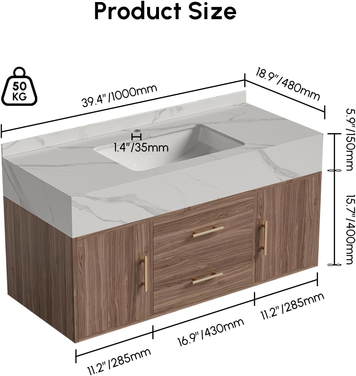 39.3' Floating Bathroom Vanity Set, Modern Wall-Mounted Vanity with Sintered Stone Countertop, Undermount Sink & Walnut Finish, Easy to Clean