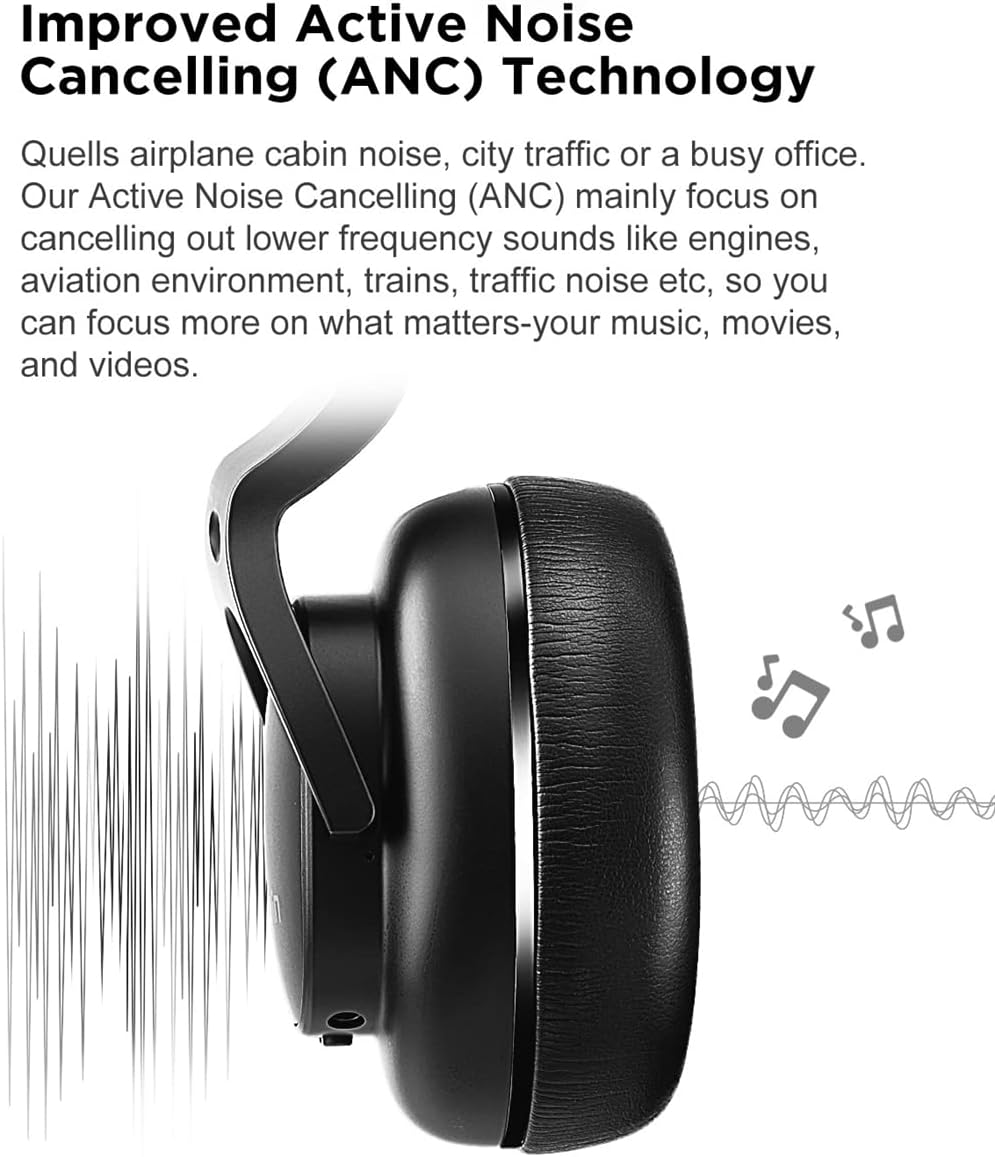 ANC Active Noise Cancelling Wireless Bluetooth Over-Ear Headphones Foldable Hi-Fi Stereo On-Ear Headsets, Hands-Free CVC HD Calls, 30H Playtime, for Sports/Games,Black