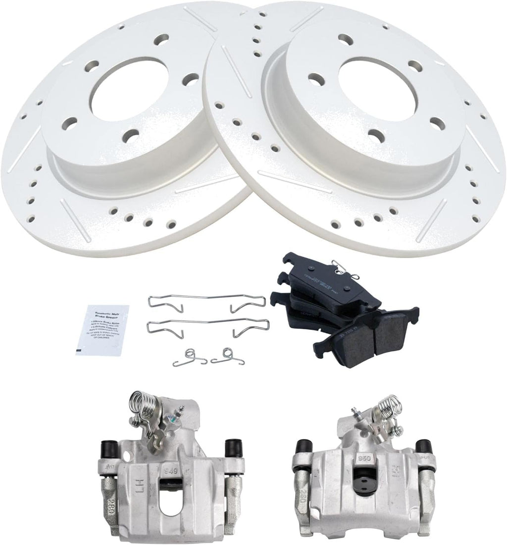 TRQ Performance Rear Brake Pad and Rotor Set Ceramic Solid Coated Rotors Calipers Compatible with 2009-2013 Mazda 3
