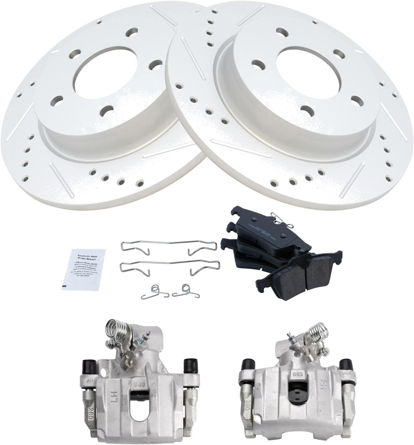 TRQ Performance Rear Brake Pad and Rotor Set Ceramic Solid Coated Rotors Calipers Compatible with 2009-2013 Mazda 3