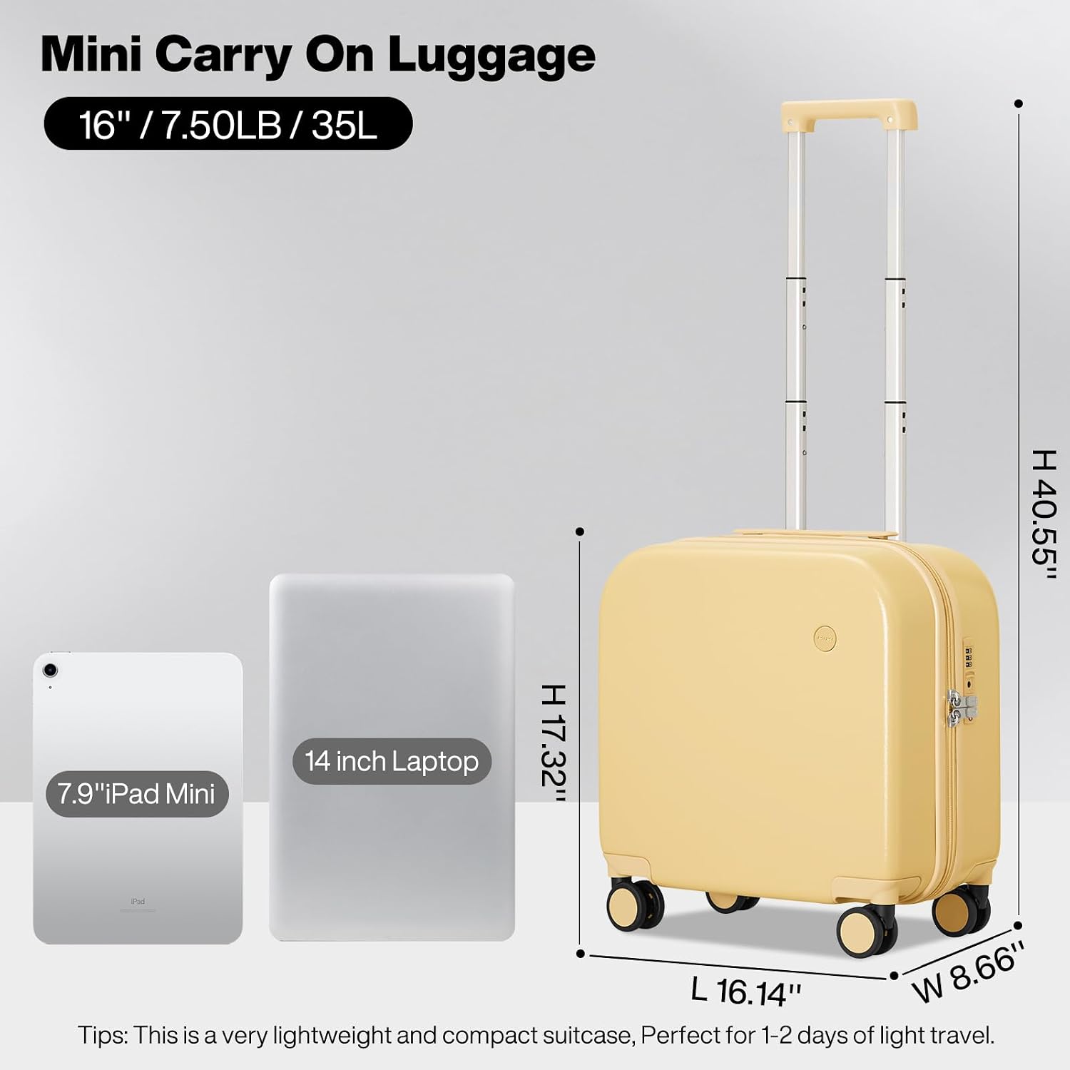 mixi Carry on Luggage, Suitcase with Spinner Wheels 16in Luggage Hardshell Lightweight Rolling Suitcases PC with Cover & TSA Lock, Lark Yellow
