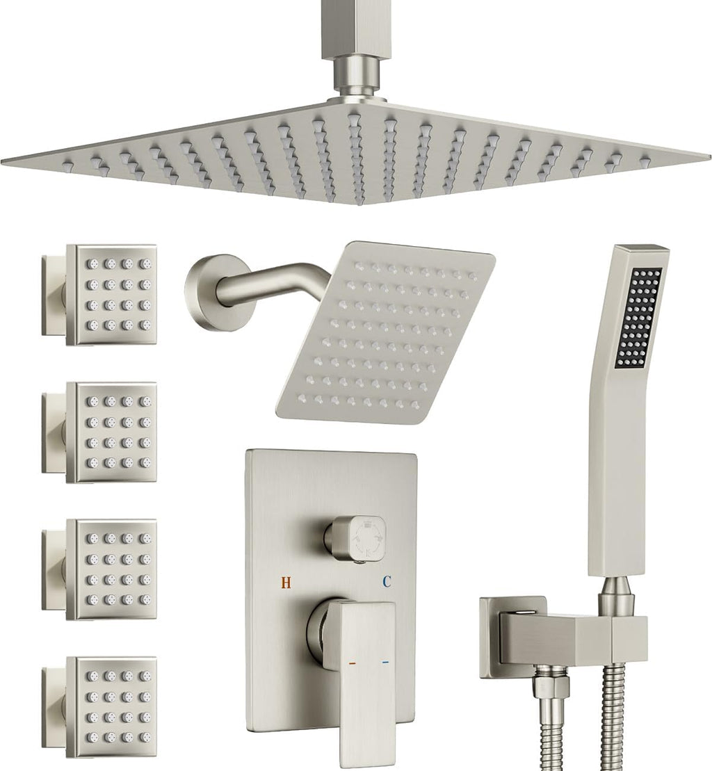 Dual Rainfall Shower Head System with 4 Body Jets, JetsBath Shower Faucet Set Double Shower Head 6-Inch Shower Head & 12' Rain Shower, Luxury Brushed Nickel Shower Faucet Set Tandem Shower Head System