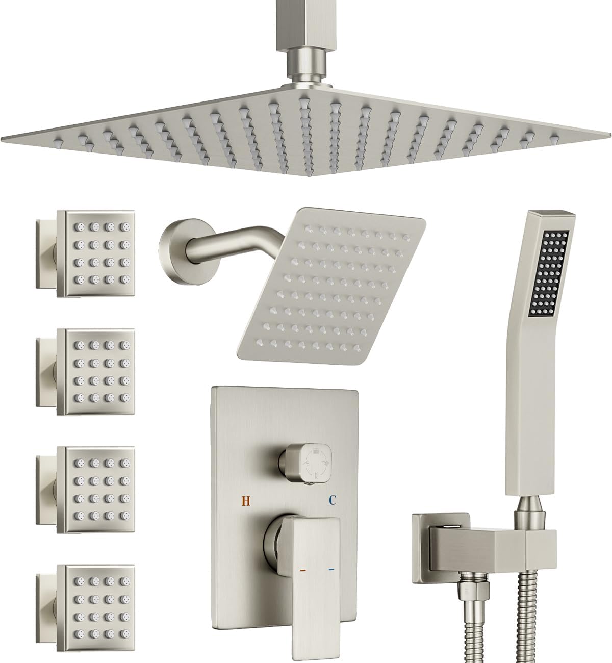 Dual Rainfall Shower Head System with 4 Body Jets, JetsBath Shower Faucet Set Double Shower Head 6-Inch Shower Head & 12' Rain Shower, Luxury Brushed Nickel Shower Faucet Set Tandem Shower Head System