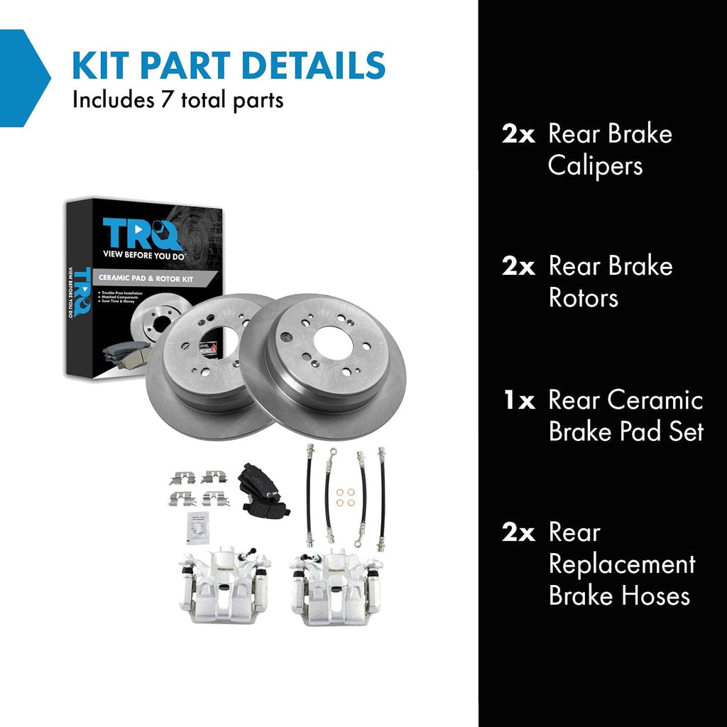 TRQ Rear Brake Pad and Rotor Set Ceramic Rotors Calipers Hoses Compatible with 2005-2006 Honda Odyssey