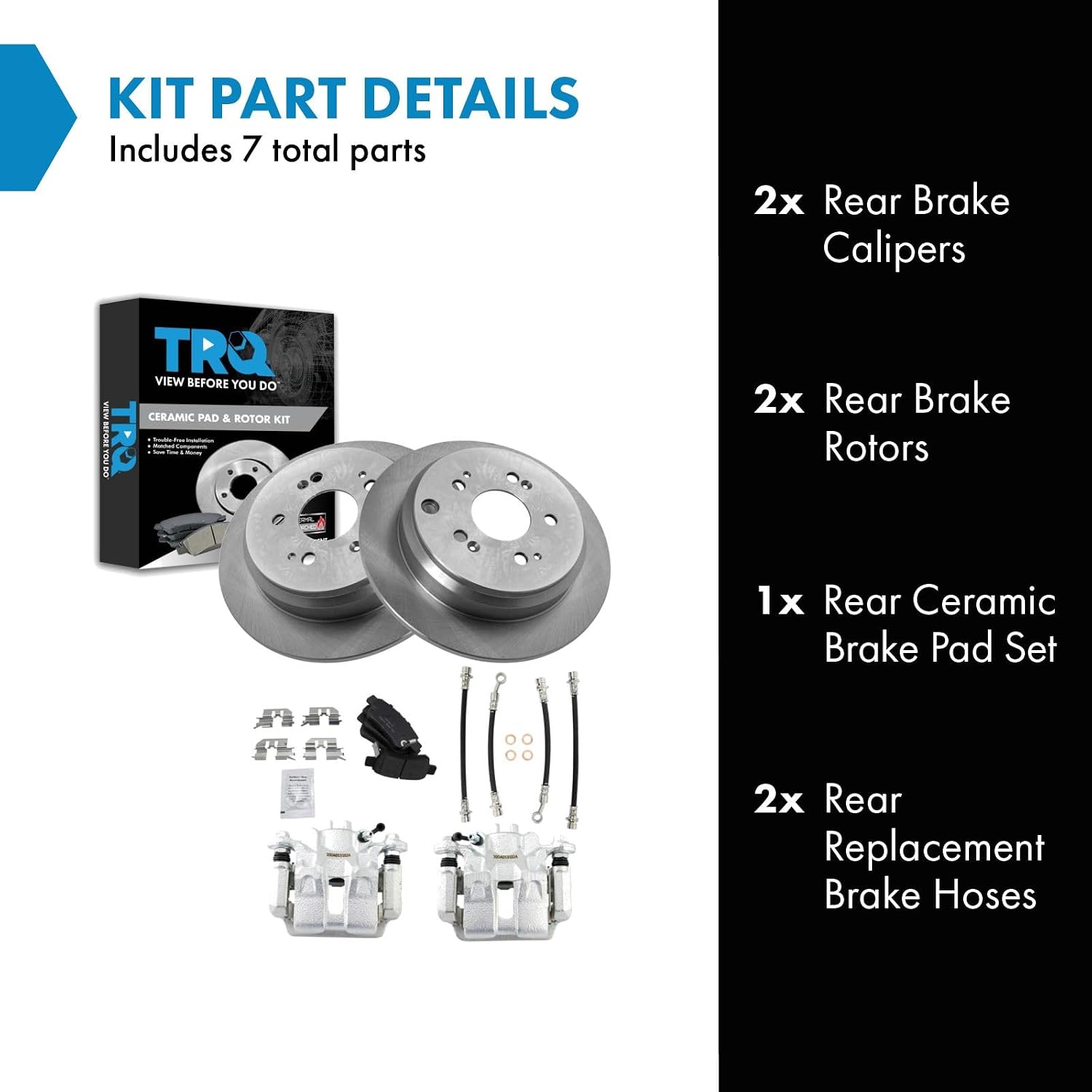 TRQ Rear Brake Pad and Rotor Set Ceramic Rotors Calipers Hoses Compatible with 2005-2006 Honda Odyssey