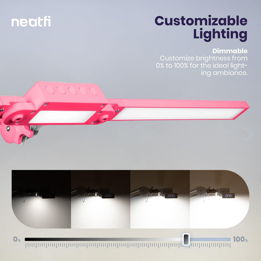 Neatfi LED Desk Lamp | 3,000 Lumens | Dimmable 30W Desk Light | 360 SMD LEDs | CRI 95 | Adjustable Color Temperature | Task Lamp for Home, Office, or Workbench (Pink, 41-Inch, CCT with Clamp)