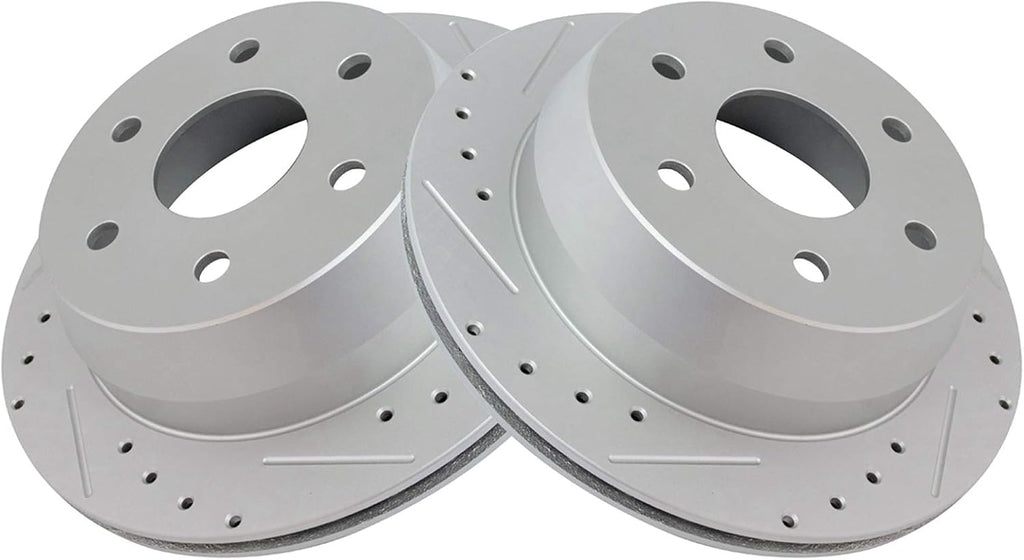 TRQ Performance Rear Brake Pad and Rotor Set Ceramic Coated Slotted Drilled Solid Rotors Calipers Compatible with 99-02 Chevrolet Silverado 1500 GMC Sierra 1500 00-01 Tahoe Yukon 03-05 Astro Safari