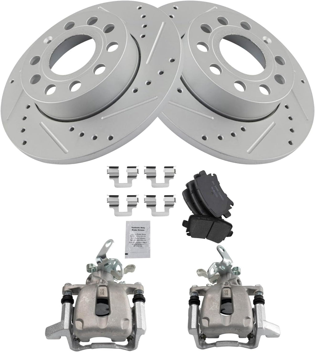 TRQ Performance Rear Brake Pad and Rotor Set Ceramic Solid G Coated Rotors Calipers Compatible with 2010 Volkswagen Golf 2005-2010 Jetta 2006-2009 Rabbit