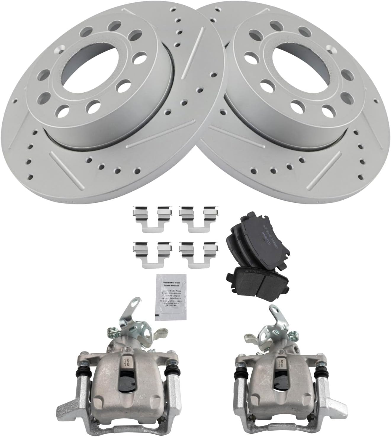 TRQ Performance Rear Brake Pad and Rotor Set Ceramic Solid G Coated Rotors Calipers Compatible with 2010 Volkswagen Golf 2005-2010 Jetta 2006-2009 Rabbit