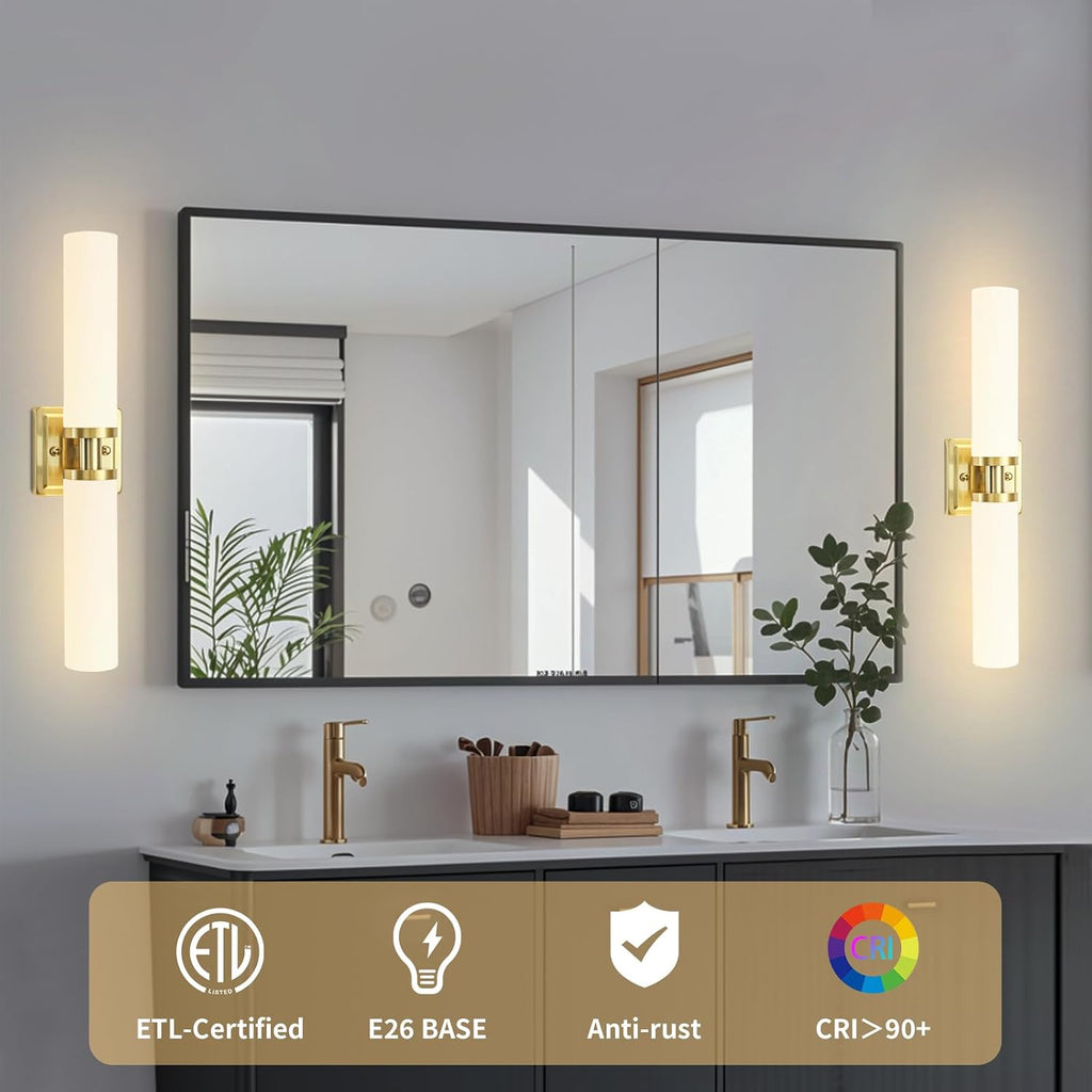 Gold Wall Sconces Set of Two, 32 Inch Bathroom Sconces with Frosted Glass, Modern Sconces Wall Light Fixtures for Bathroom Mirror Living Room Bedroom Hallway (Bulbs Not Included)